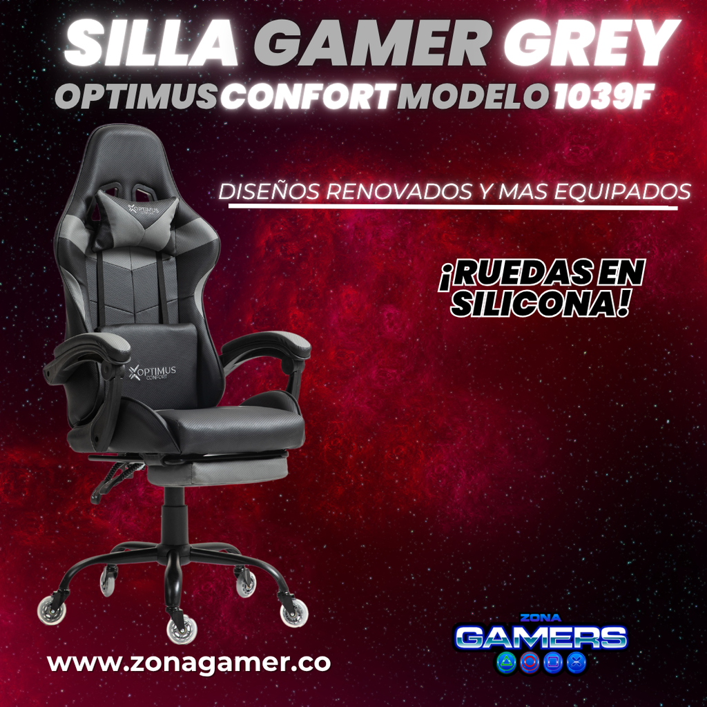 Silla Gamer 1039F Grey con reposapiés y ruedas en silicona