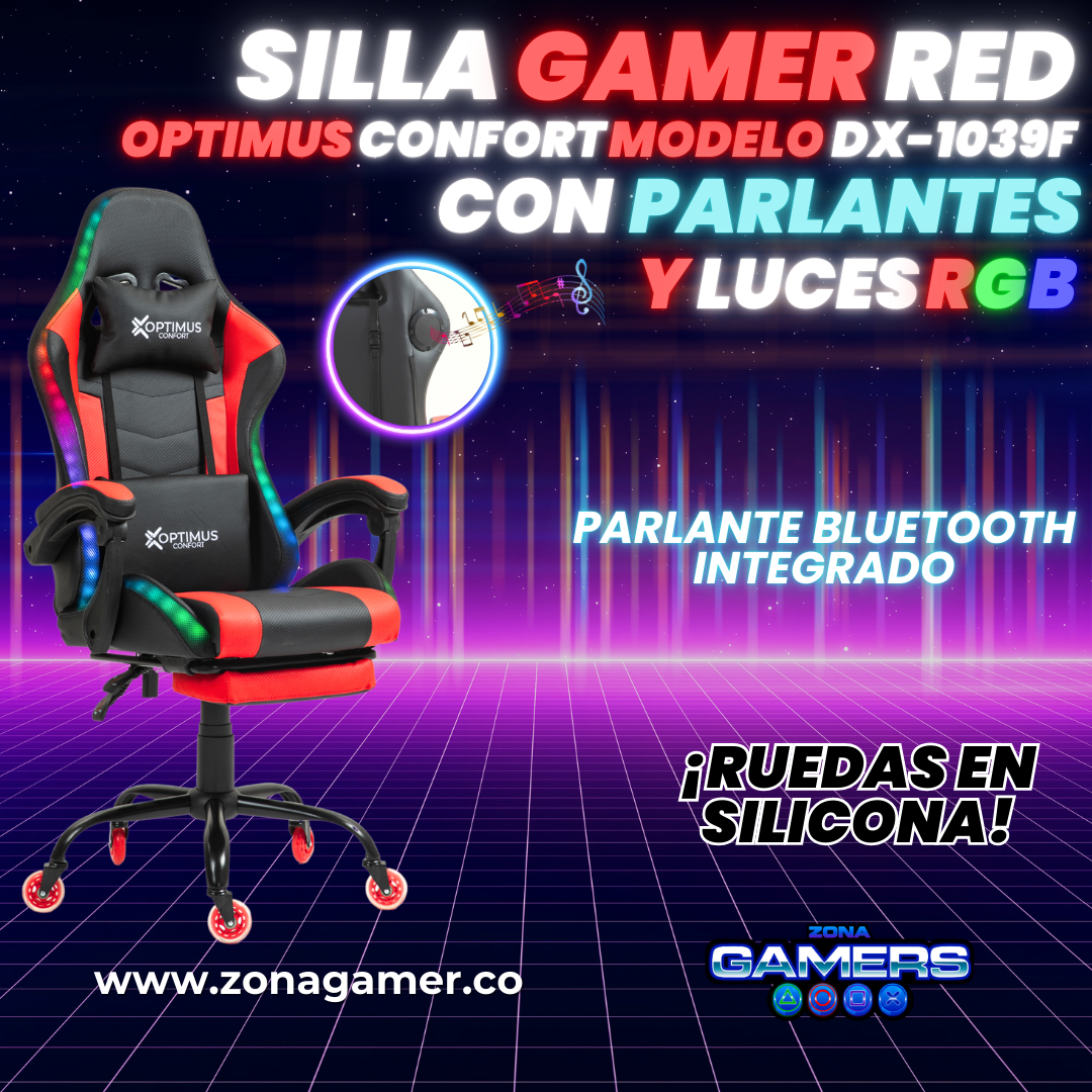 Silla gamer DX-1039F Red con luces RGB + Parlantes + reposapiés y ruedas en silicona
