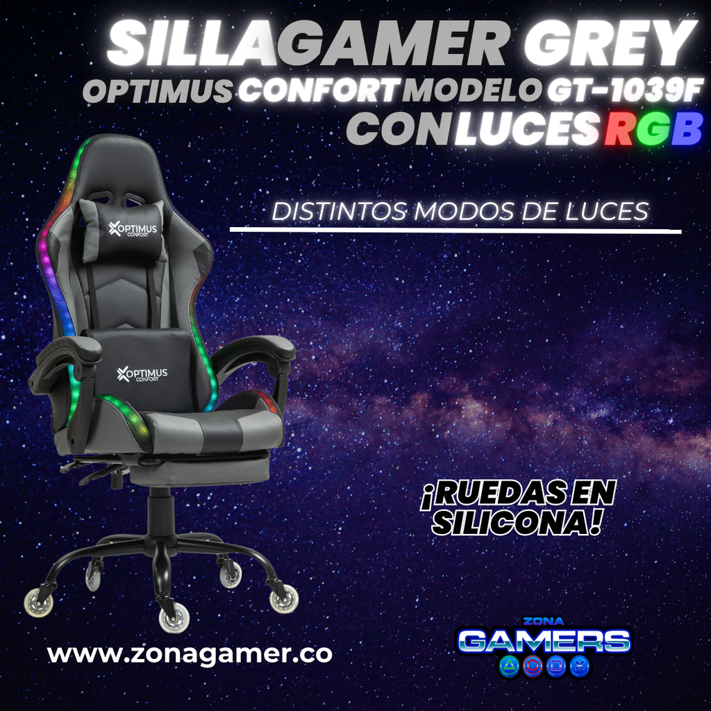 Silla gamer GT-1039F Grey con luces RGB + reposapiés y ruedas en silicona