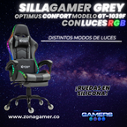 Silla gamer GT-1039F Grey con luces RGB + reposapiés y ruedas en silicona