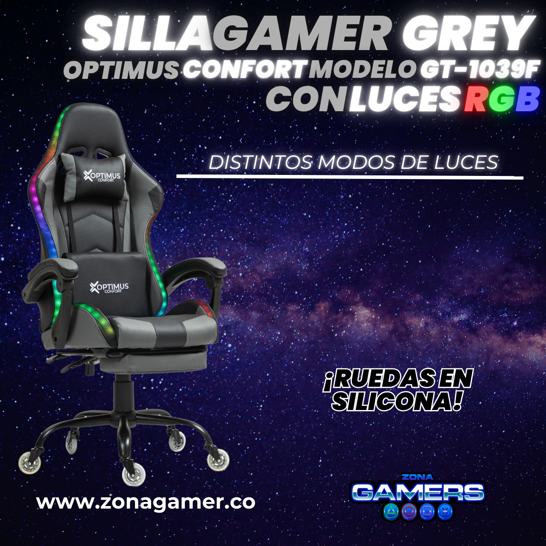 Silla gamer GT-1039F Grey con luces RGB + reposapiés y ruedas en silicona