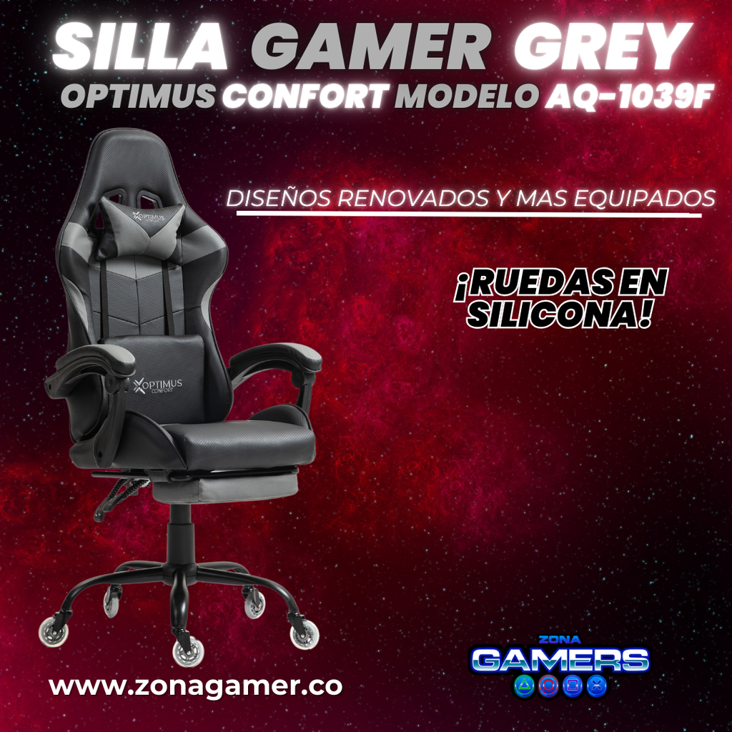 Silla Gamer AQ-1039F Grey con reposapiés y ruedas en silicona