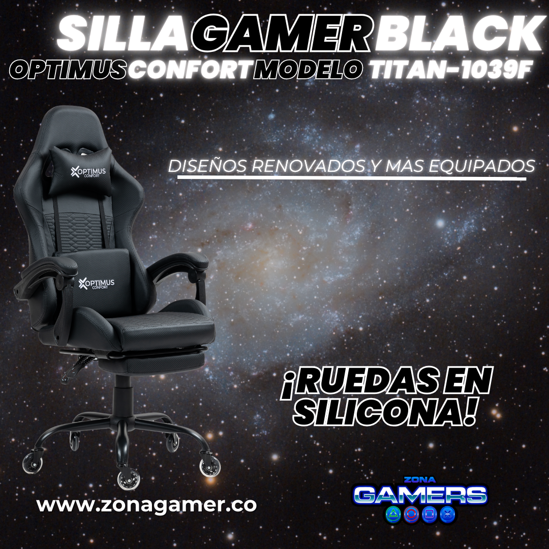 Silla Gamer Titan-1039F Black con reposapiés y ruedas en silicona