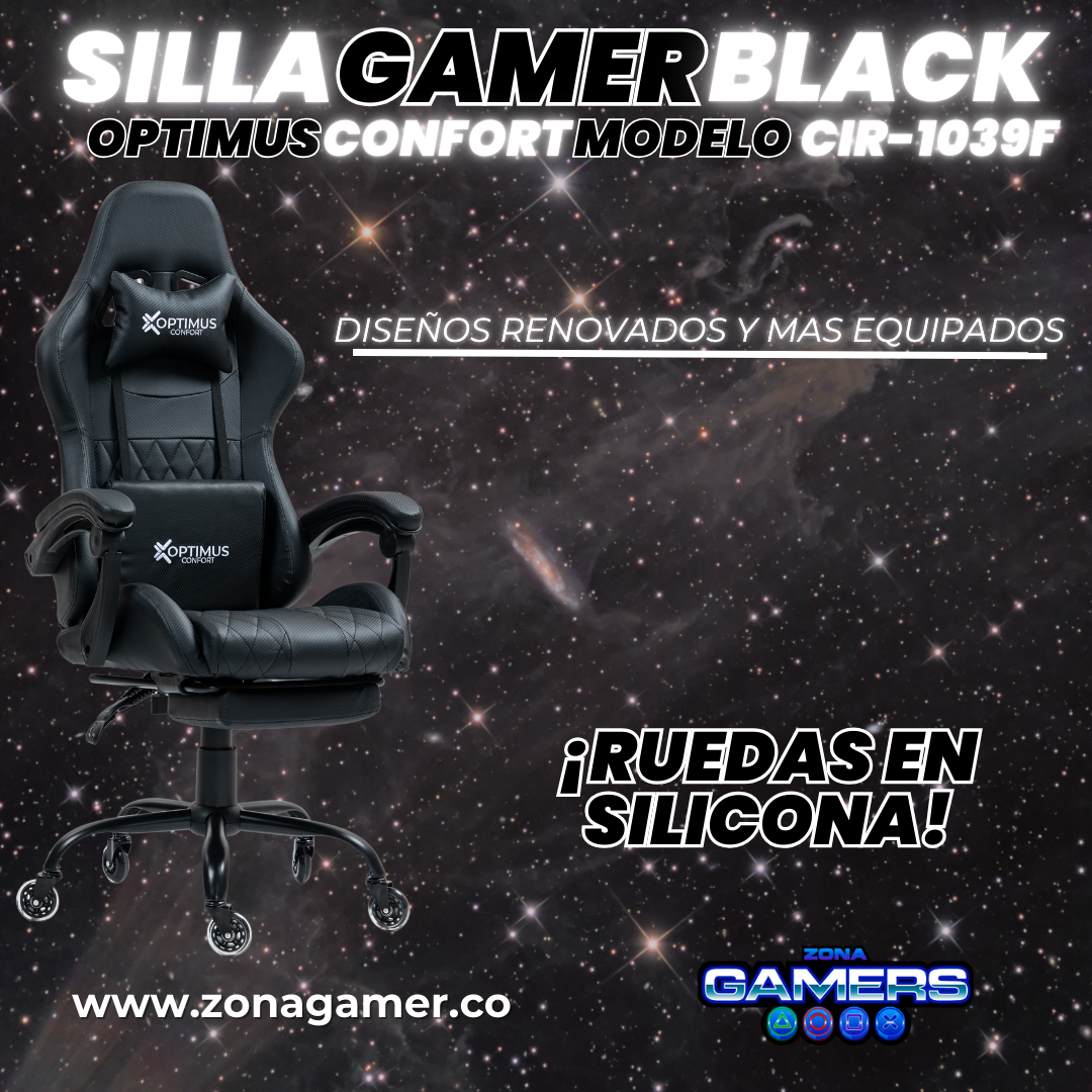 Silla Gamer CIR-1039F Black con reposapiés y ruedas en silicona