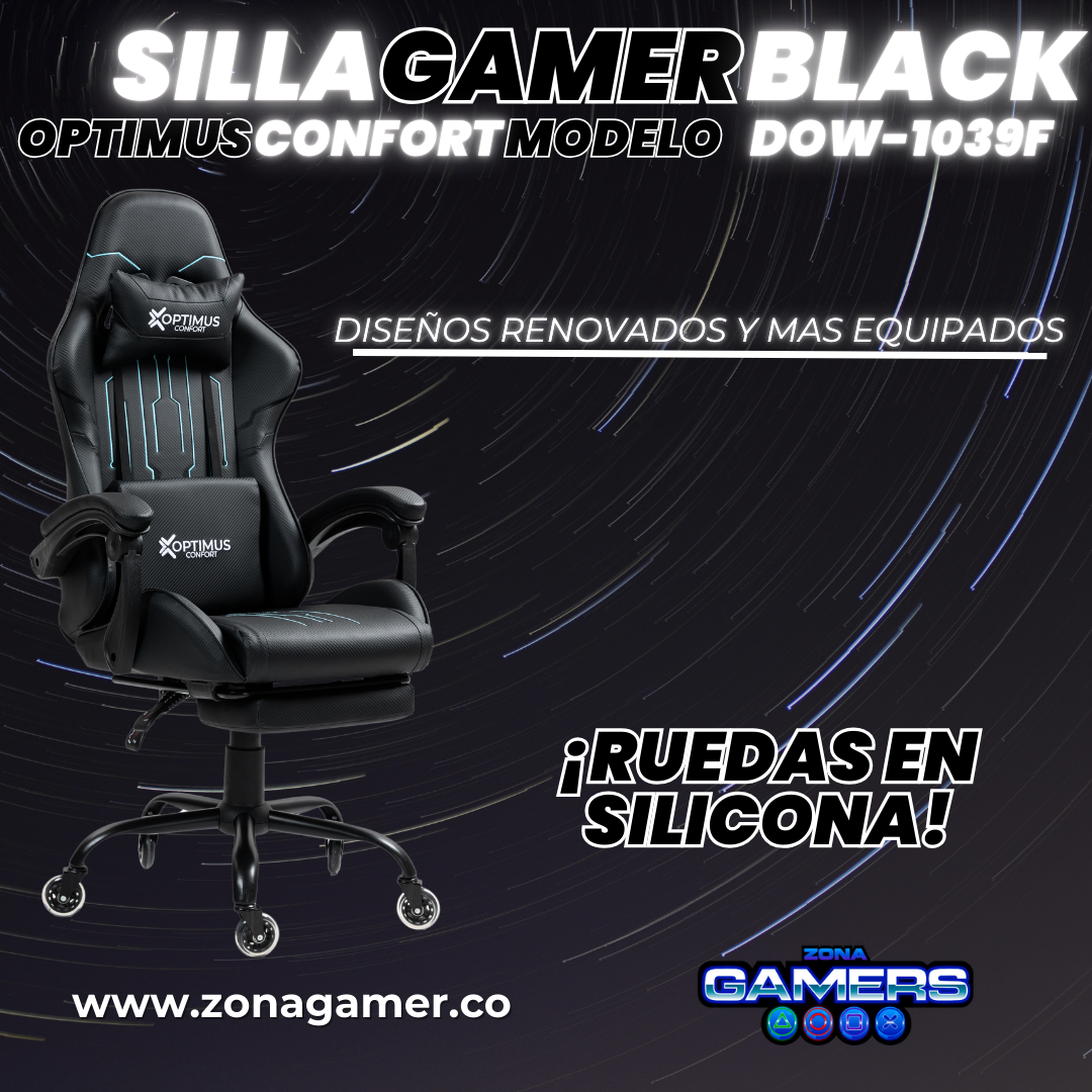 Silla Gamer DOW-1039F Black con reposapiés y ruedas en silicona