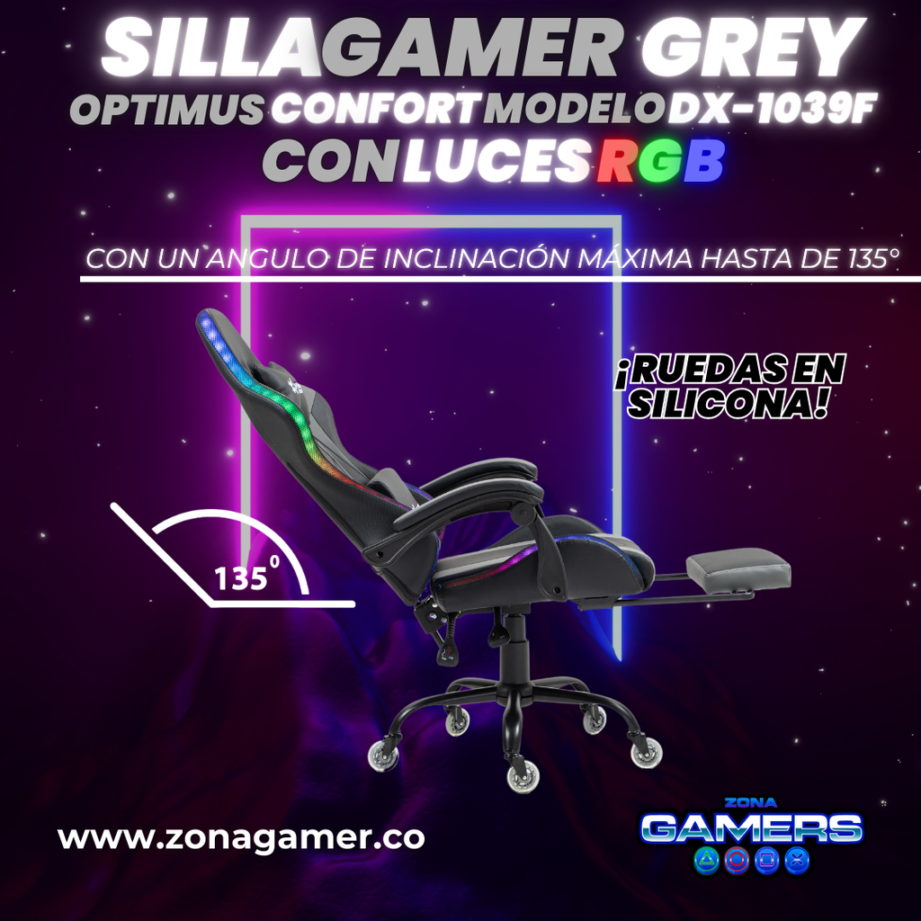 Silla gamer DX-1039F Grey con luces RGB + reposapiés y ruedas en silicona