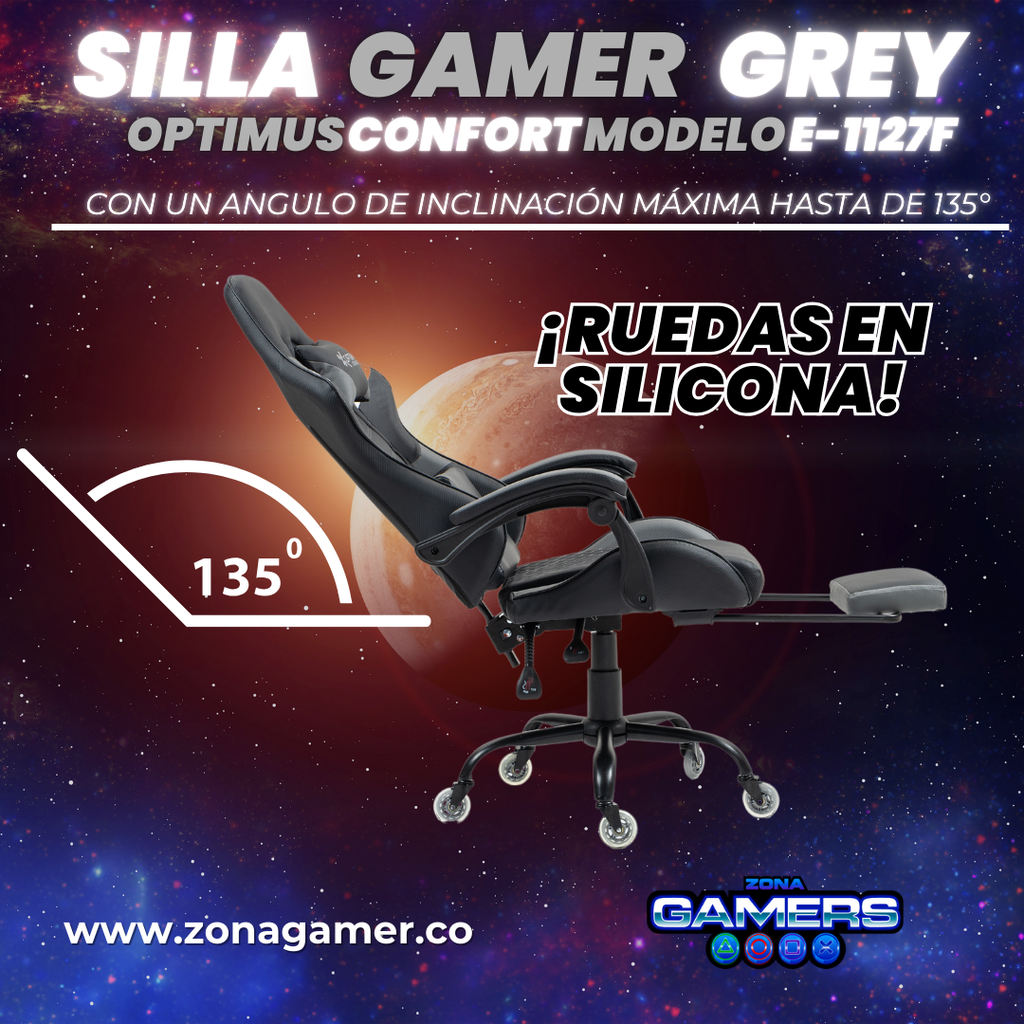 Silla Gamer E-1127F Grey con reposapiés y ruedas en silicona
