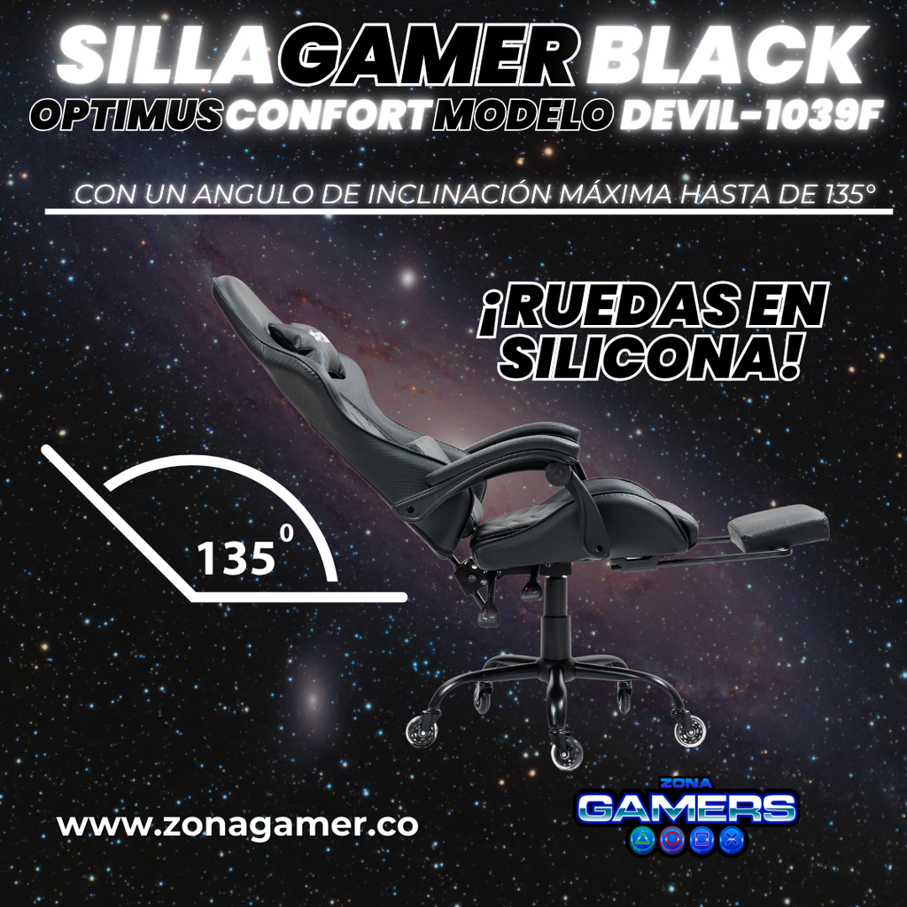 Silla Gamer Devil-1039F Black con reposapiés y ruedas en silicona