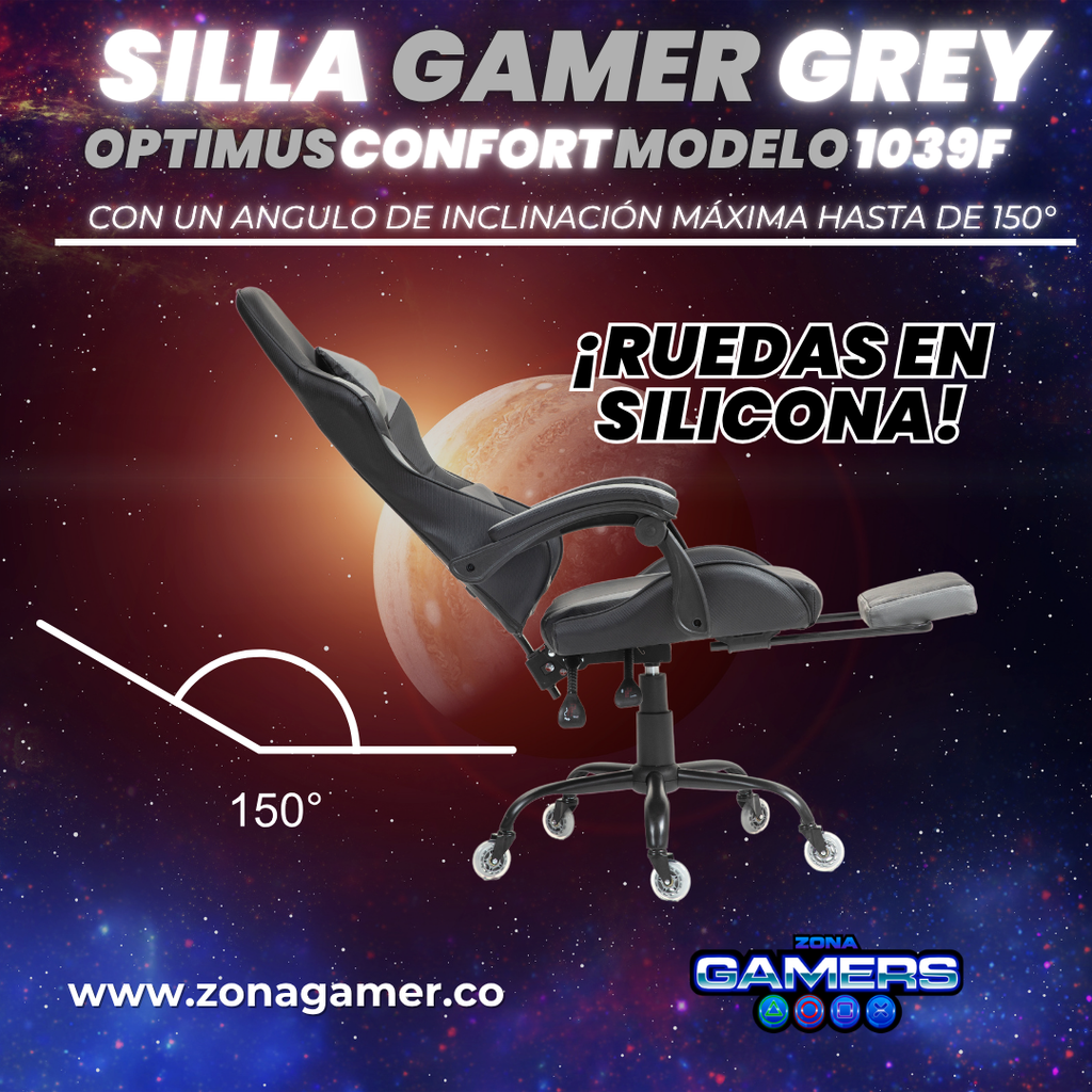 Silla Gamer 1039F Grey con reposapiés y ruedas en silicona