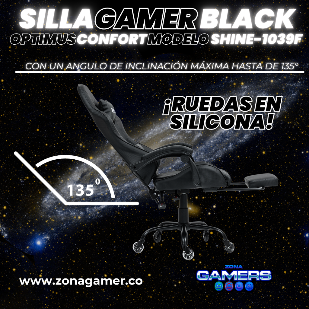 Silla Gamer Shine-1039F Black con reposapiés y ruedas en silicona