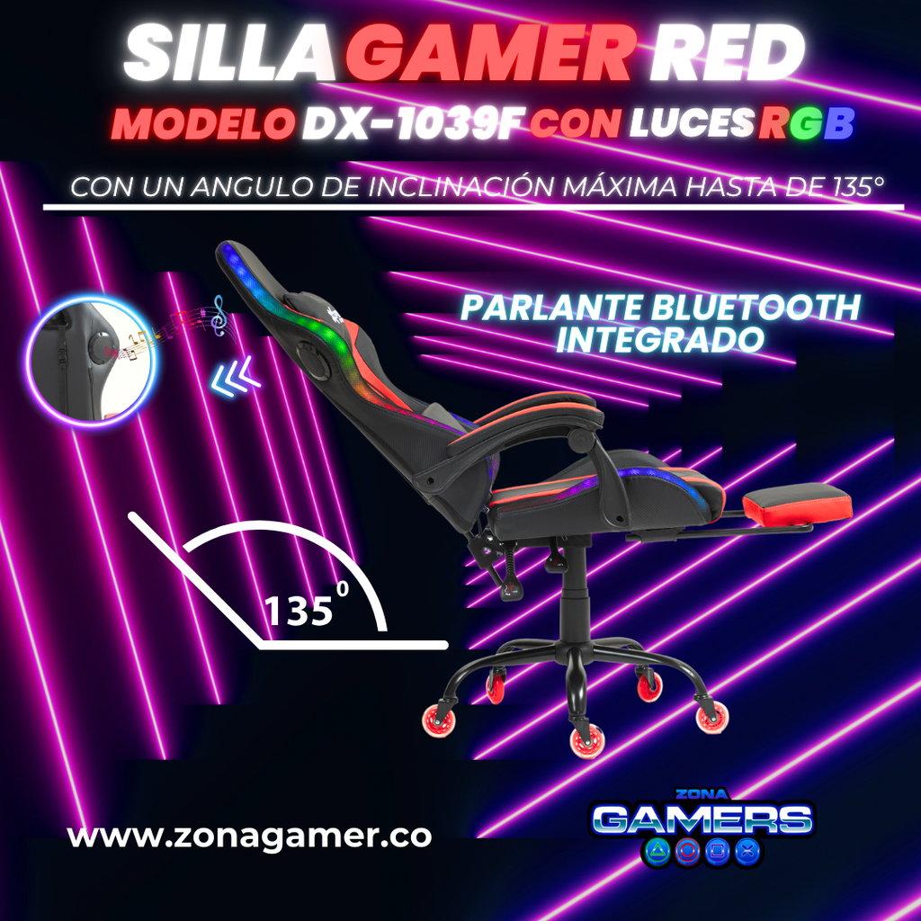 Silla gamer DX-1039F Red con luces RGB + Parlantes + reposapiés y ruedas en silicona