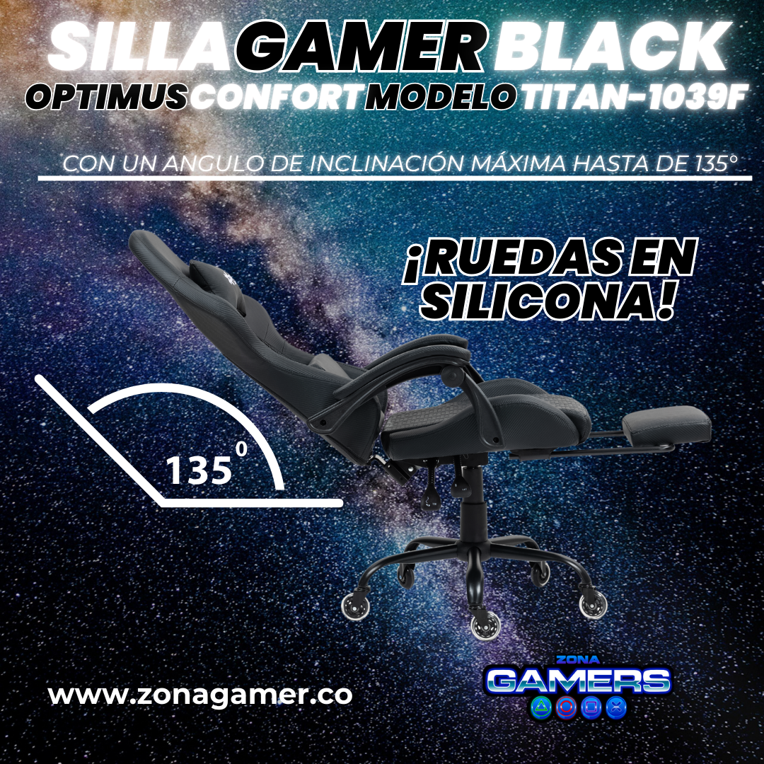 Silla Gamer Titan-1039F Black con reposapiés y ruedas en silicona