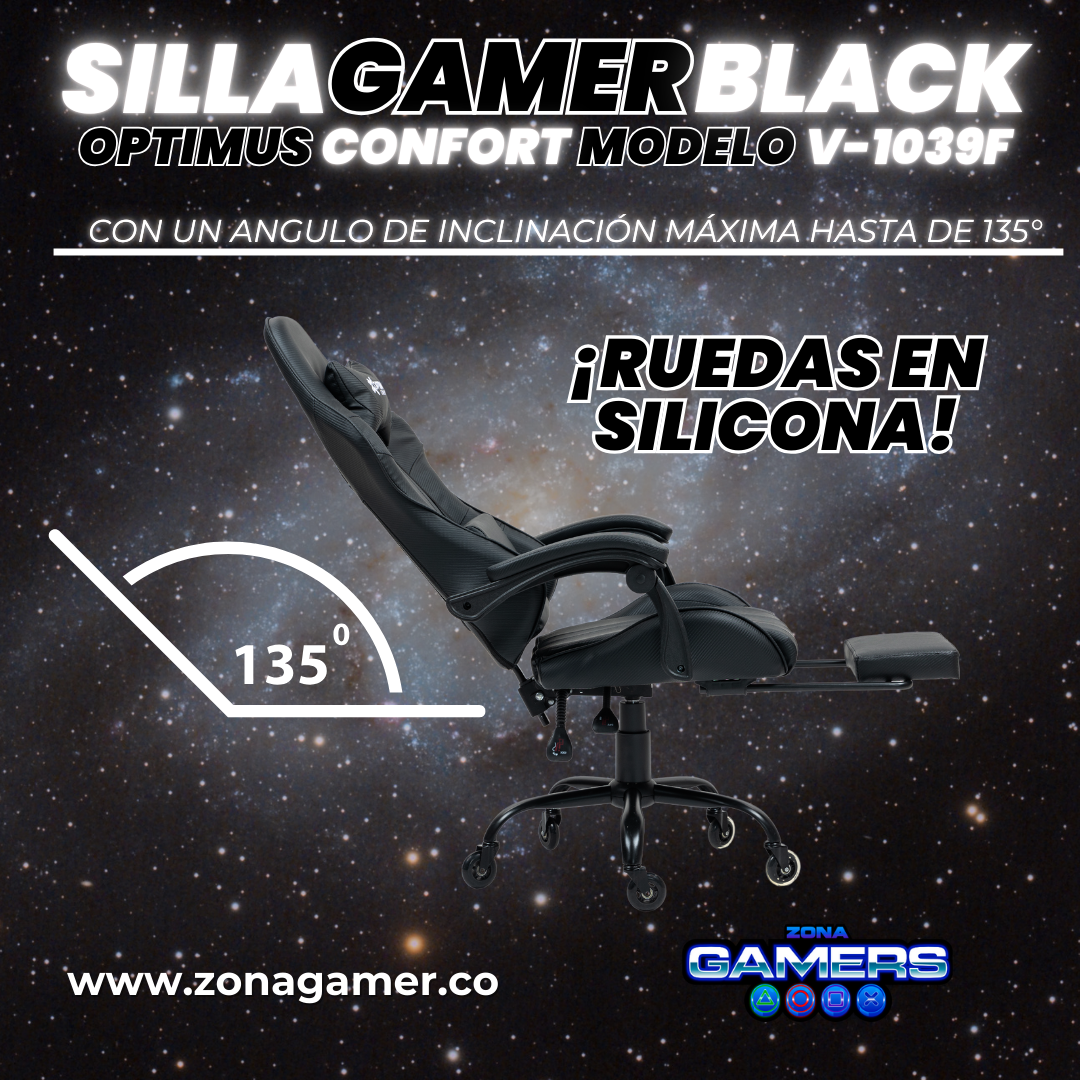 Silla Gamer V-1039F Black con reposapiés y ruedas en silicona