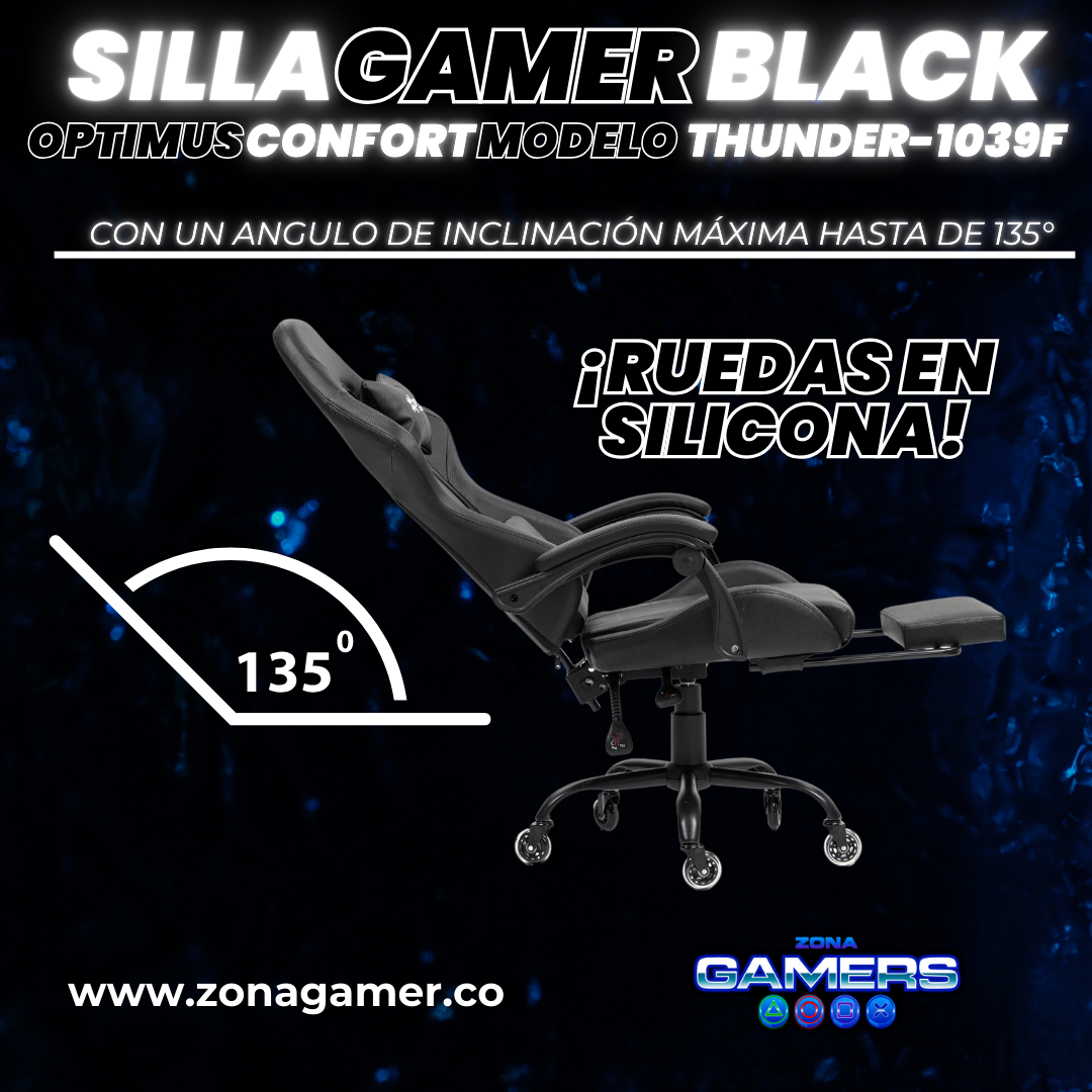 Silla Gamer Thunder-1039F Black con reposapiés y ruedas en silicona