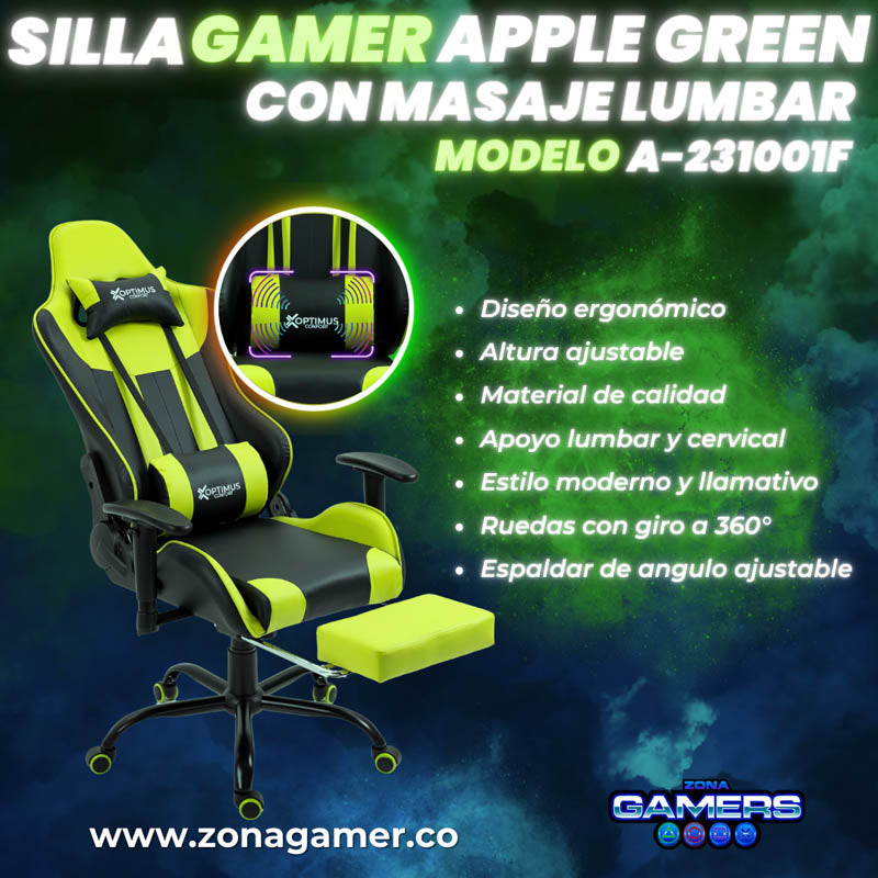 Silla Gamer A231001F Apple Green con masajeador lumbar y reposapies incluido