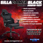 Silla Gamer ARMOR-1127F Black, tapizada en tela con reposapiés y ruedas en silicona