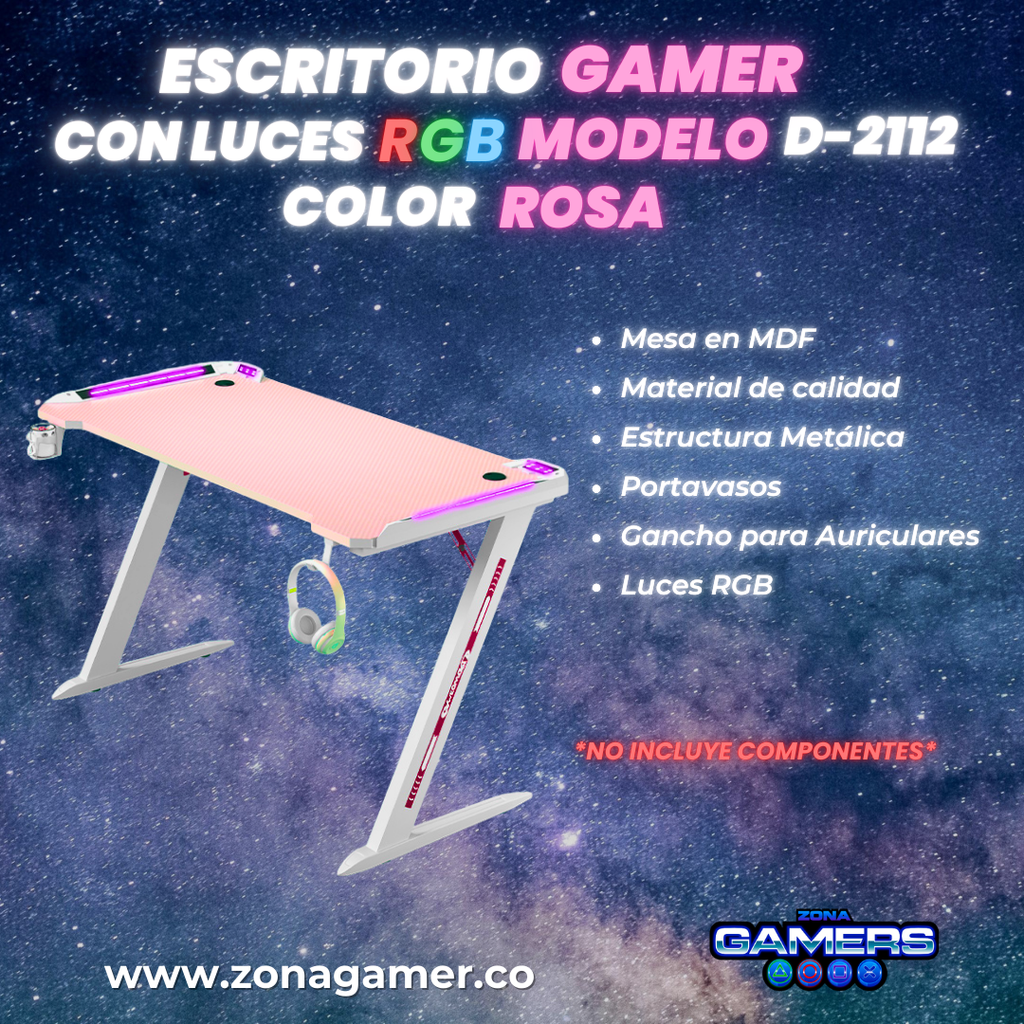 Escritorio Gamer D-2112 Color blanco con rosa con luces RGB