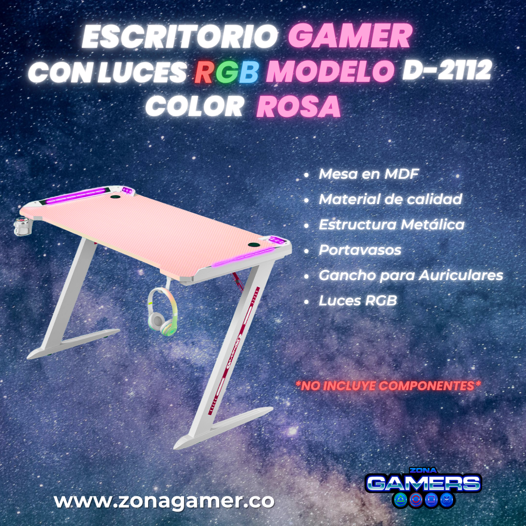 Escritorio Gamer D-2112 Color blanco con rosa con luces RGB