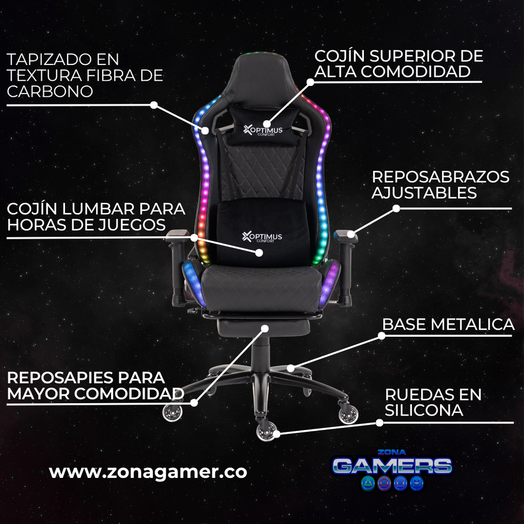 Silla gamer ULTIMATE Black con luces RGB + reposapiés y ruedas en silicona