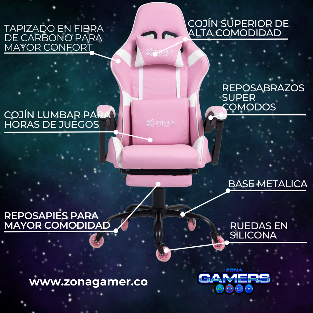 Silla Gamer E-1127F Pink con reposapiés y ruedas en silicona