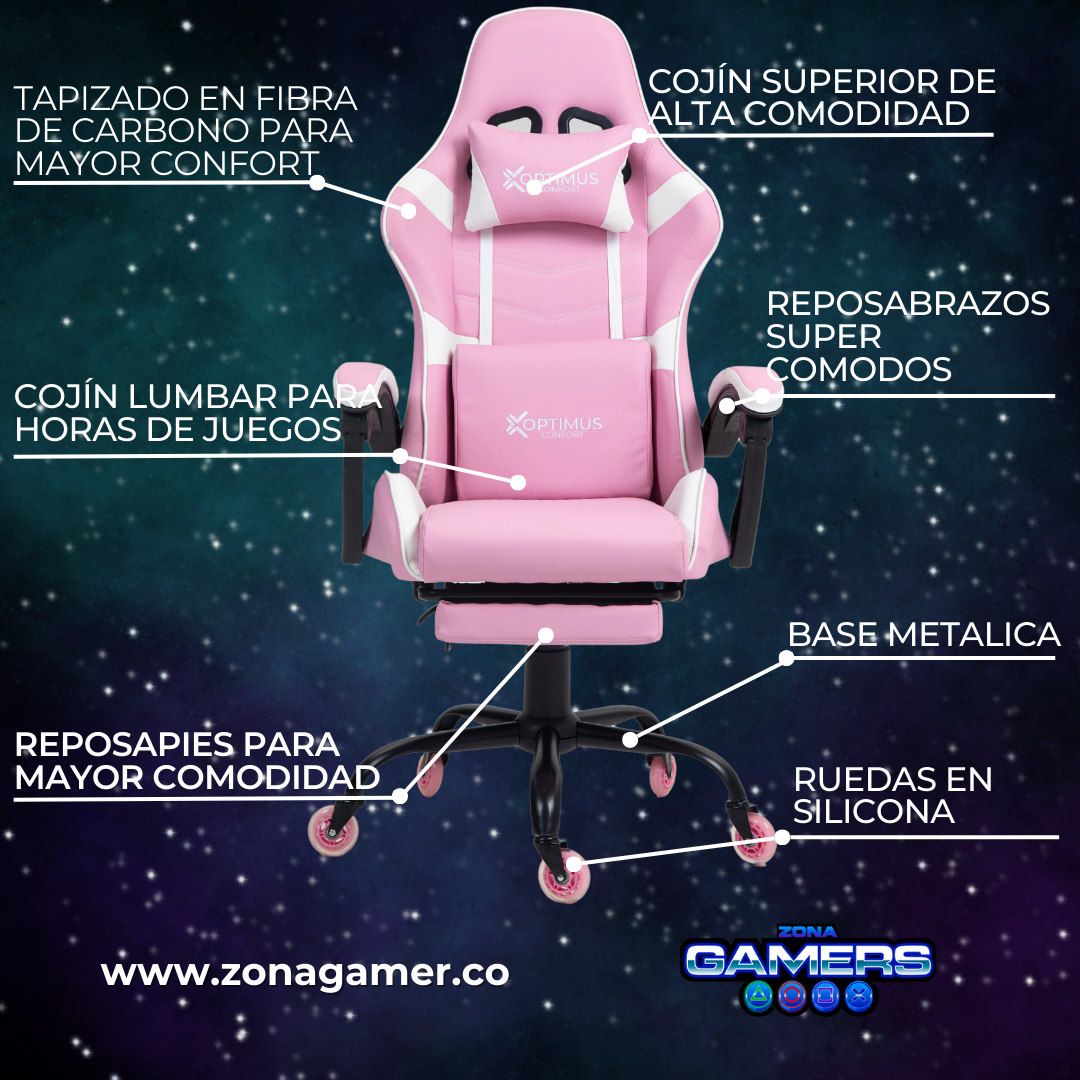 Silla Gamer E-1127F Pink con reposapiés y ruedas en silicona