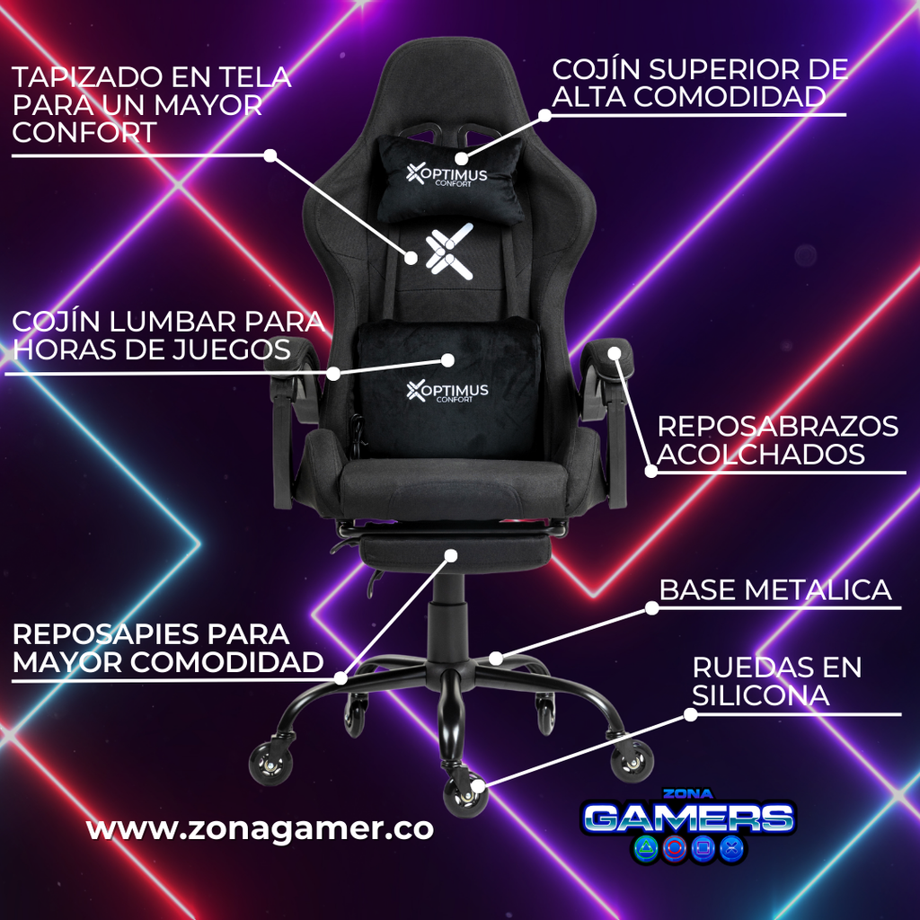 Silla Gamer CO-1039F Negra, con tapizado en tela, reposapiés y ruedas en silicona
