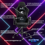 Silla Gamer CO-1039F Negra, con tapizado en tela, reposapiés y ruedas en silicona