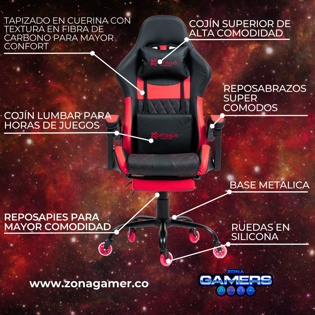 Silla Gamer CIR-1039F Red con reposapiés y ruedas en silicona