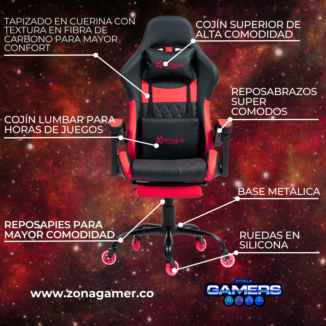 Silla Gamer CIR-1039F Red con reposapiés y ruedas en silicona