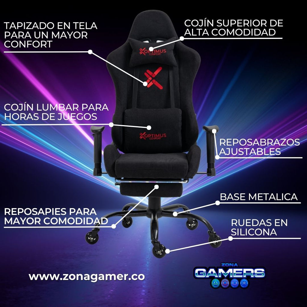Silla Gamer CO-1102F Red, tapizada en tela con reposapiés y ruedas en silicona