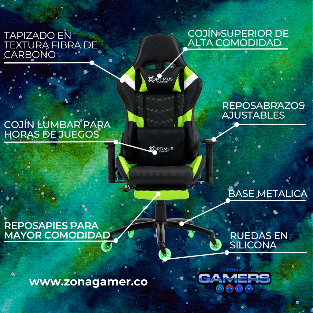 Silla Gamer DX-1127F Green con reposapiés y ruedas en silicona