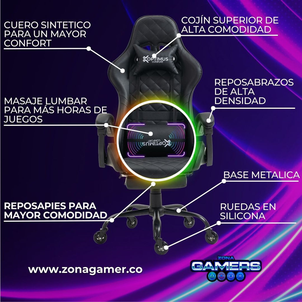Silla Gamer ARMOR-1039F Black + masajeador lumbar con reposapiés y ruedas en silicona