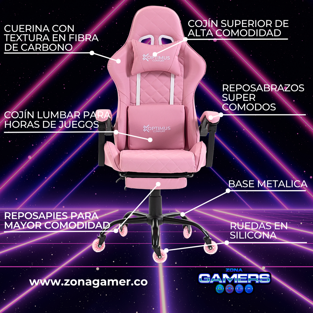 Silla Gamer ARMOR-1039F Pink con reposapiés y ruedas en silicona