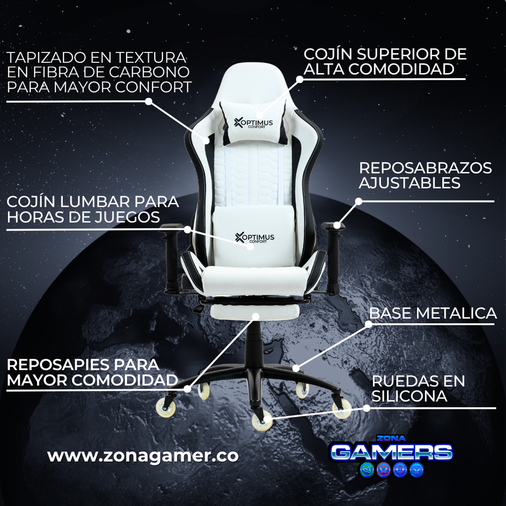 Silla Gamer Defensor-1001F White con reposapiés y ruedas en silicona