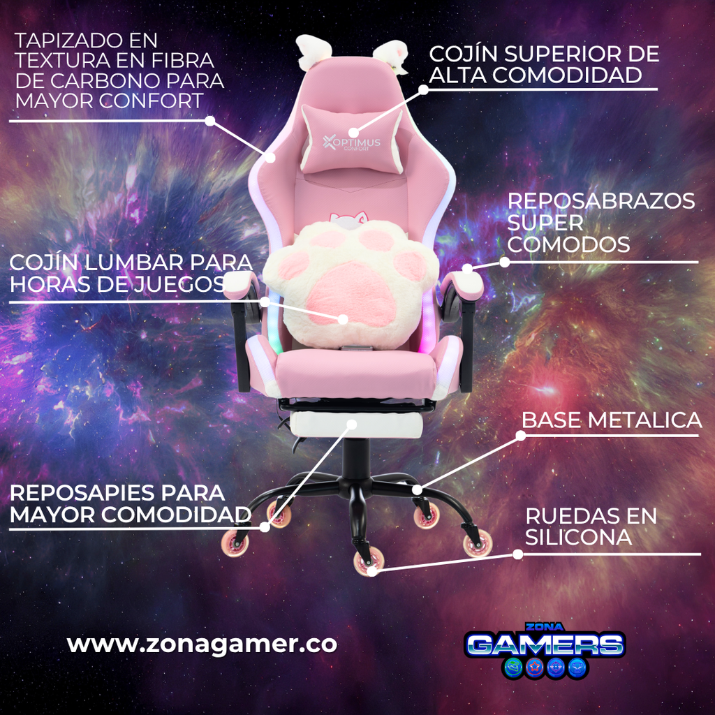 Silla Gamer Cat-1039F + RGB Pink-White con reposapiés y ruedas en silicona.