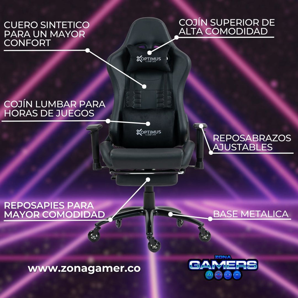Silla Gamer COR-1001F Black con reposapiés + Ruedas en Silicona
