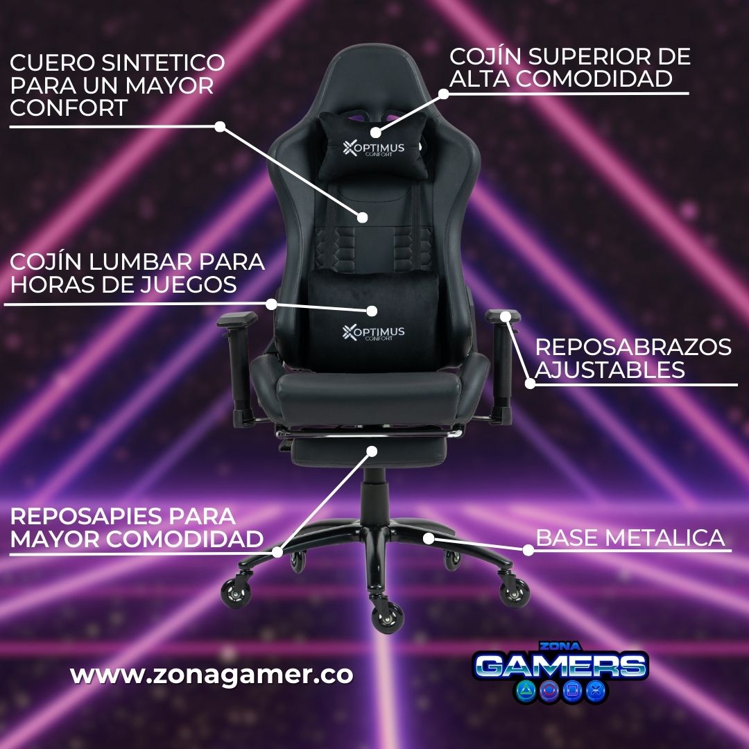 Silla Gamer COR-1001F Black con reposapiés + Ruedas en Silicona