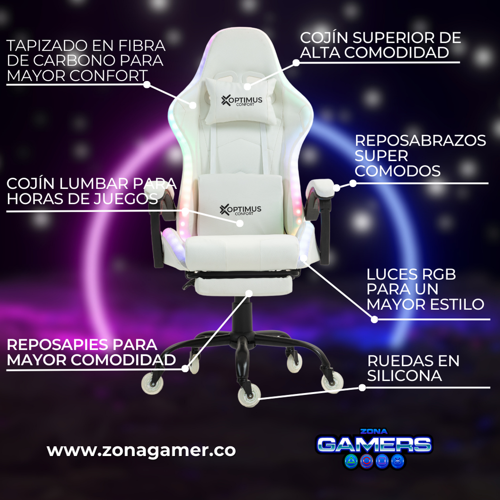 Silla gamer GT-1039F White con luces RGB + reposapiés y ruedas en silicona