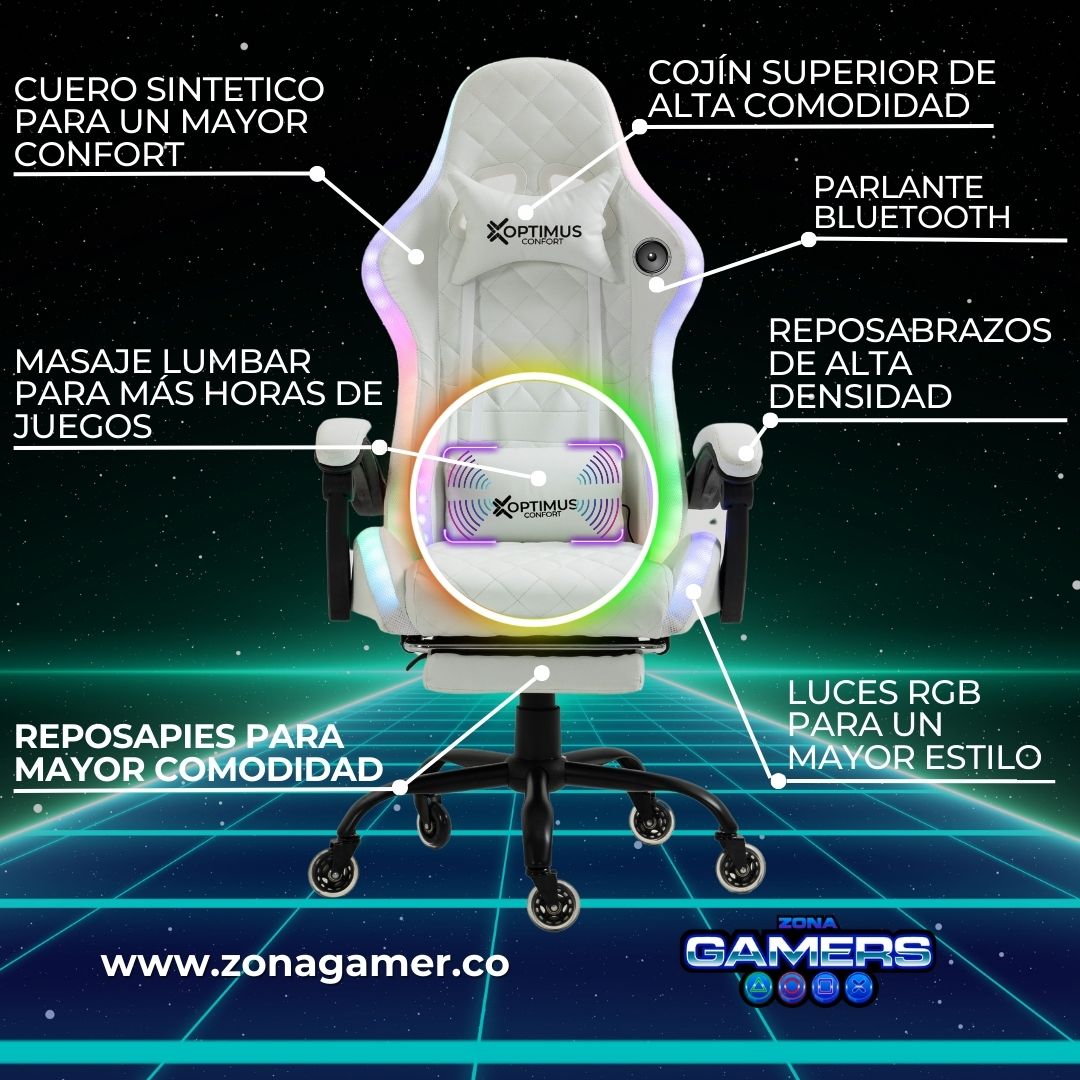 Silla Gamer Optimus Confort Armor RGB White con masajeador lumbar y parlante bluetooth