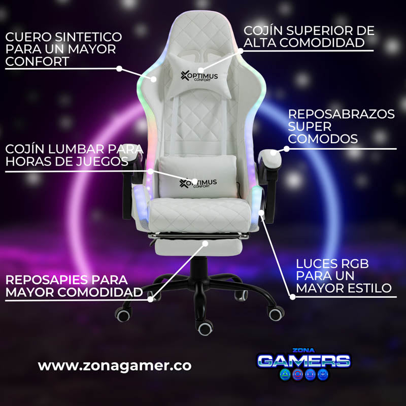 Silla gamer Optimus Confort modelo Armor White con luces RGB