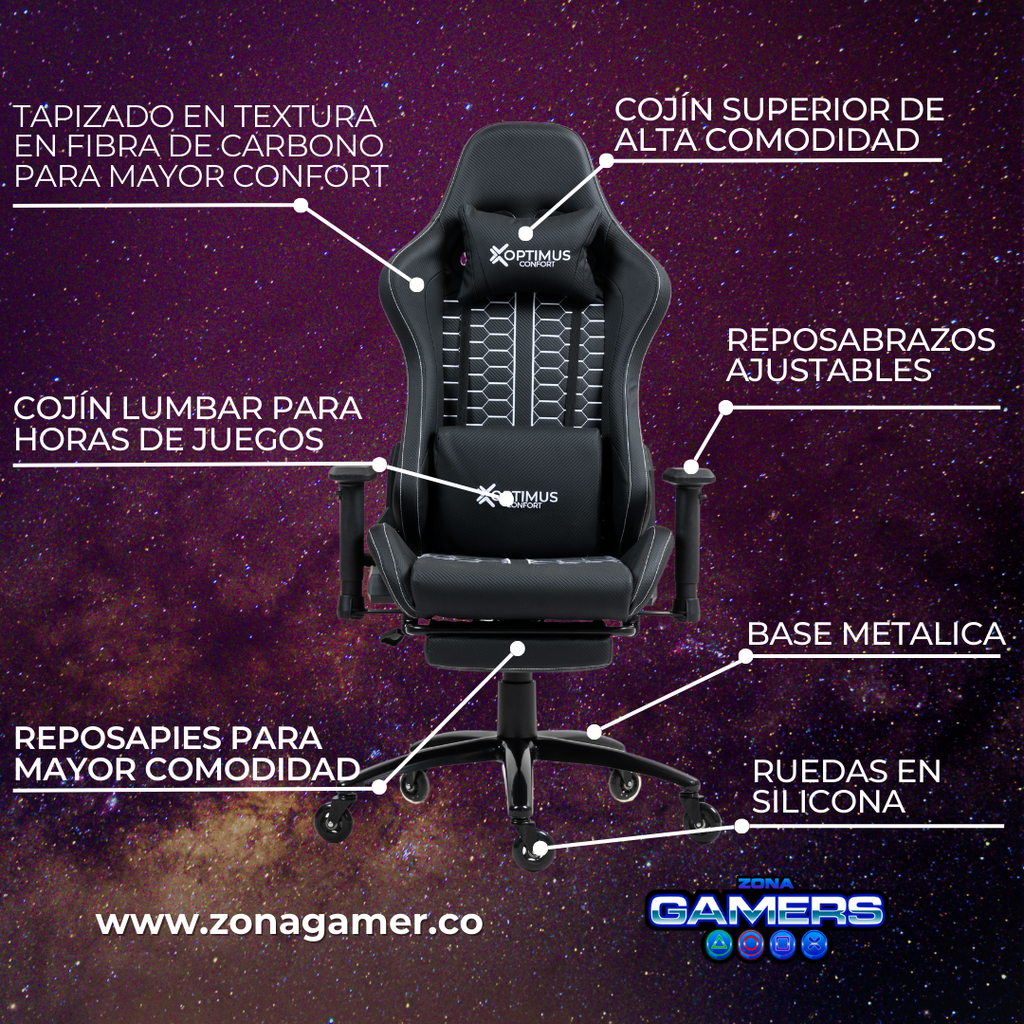 Silla Gamer Defensor-1001F Black con reposapiés y ruedas en silicona