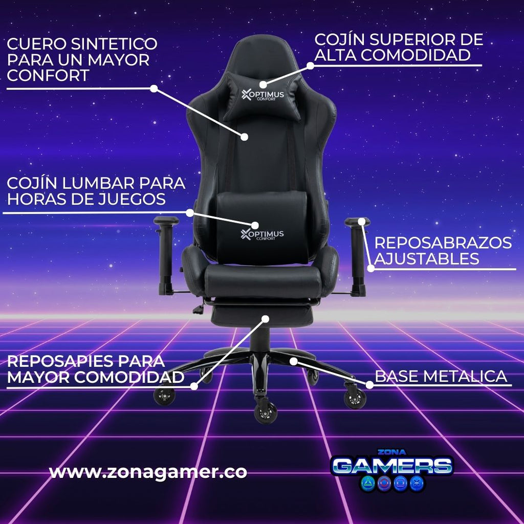 Silla gamer EAR-1127F Black + reposapies y ruedas en silicona