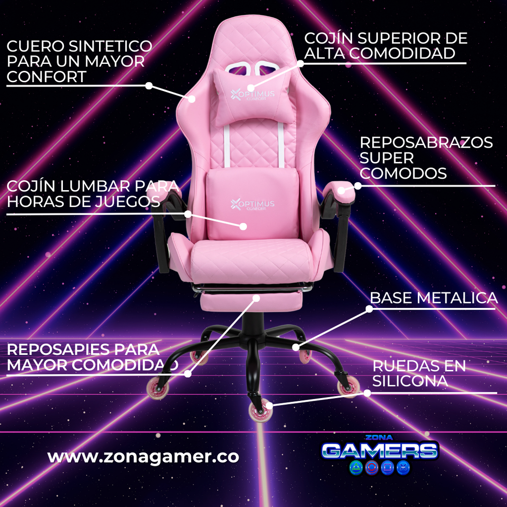Silla Gamer ARMOR-1127F Pink con reposapiés y ruedas en silicona
