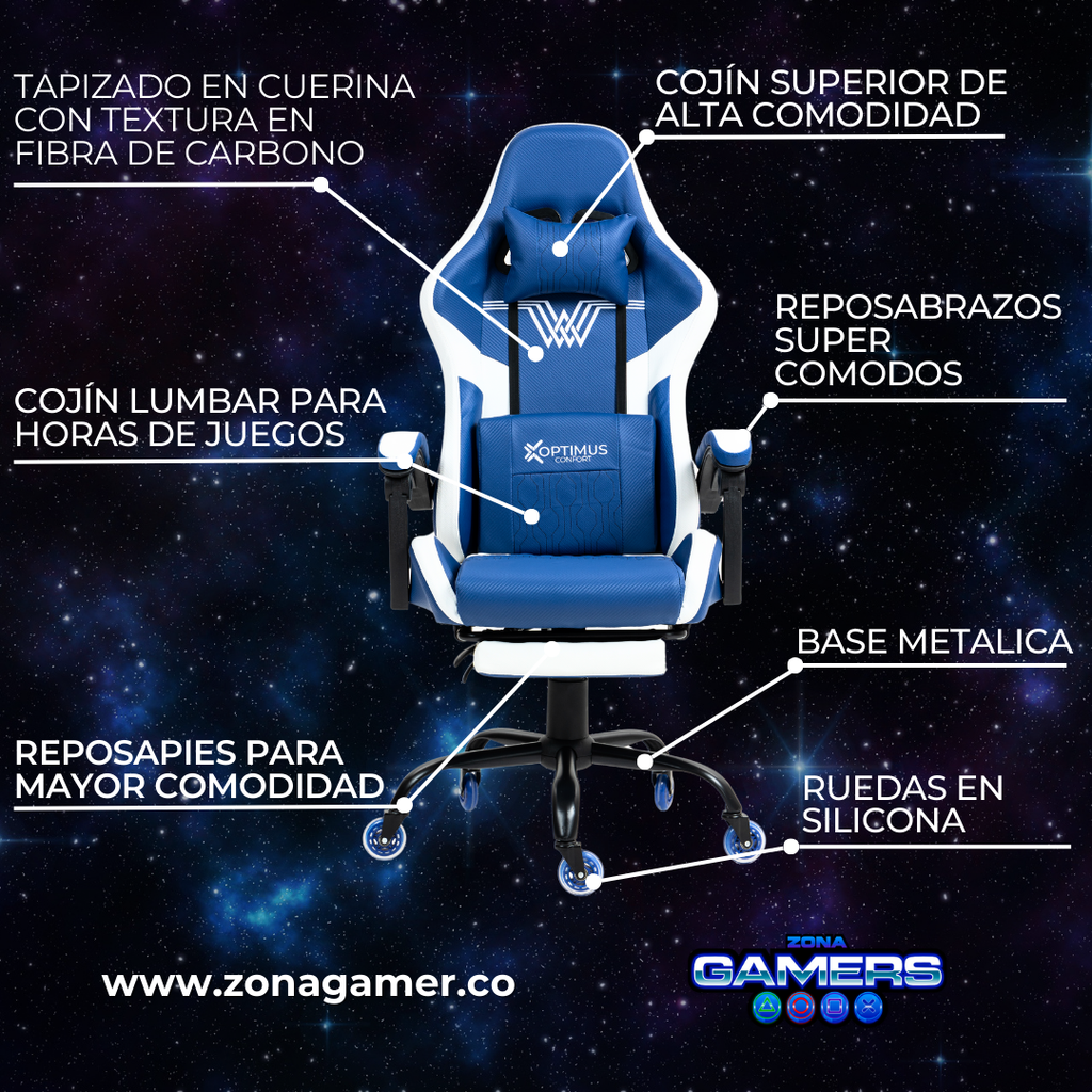Silla Gamer DOWLINE-1039F Blue con reposapiés y ruedas en silicona