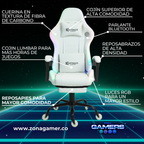 Silla gamer DX-1039F White con luces RGB + Parlantes + reposapiés y ruedas en silicona