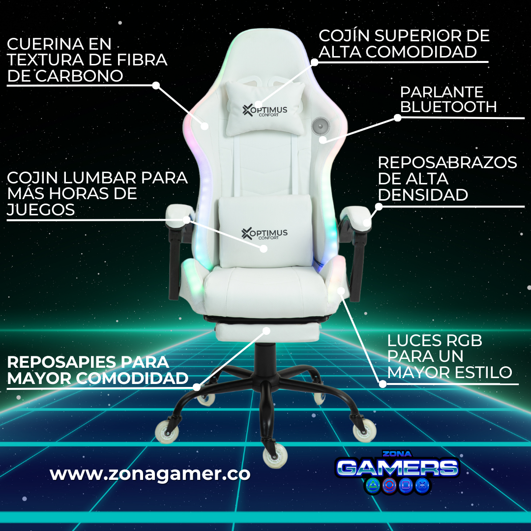 Silla gamer DX-1039F White con luces RGB + Parlantes + reposapiés y ruedas en silicona
