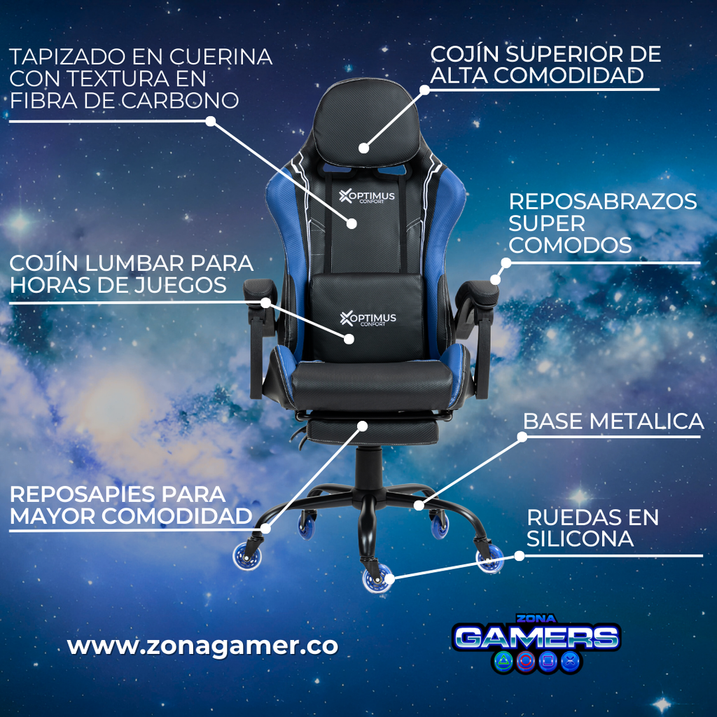 Silla Gamer Fly-1039F Blue con reposapiés y ruedas en silicona