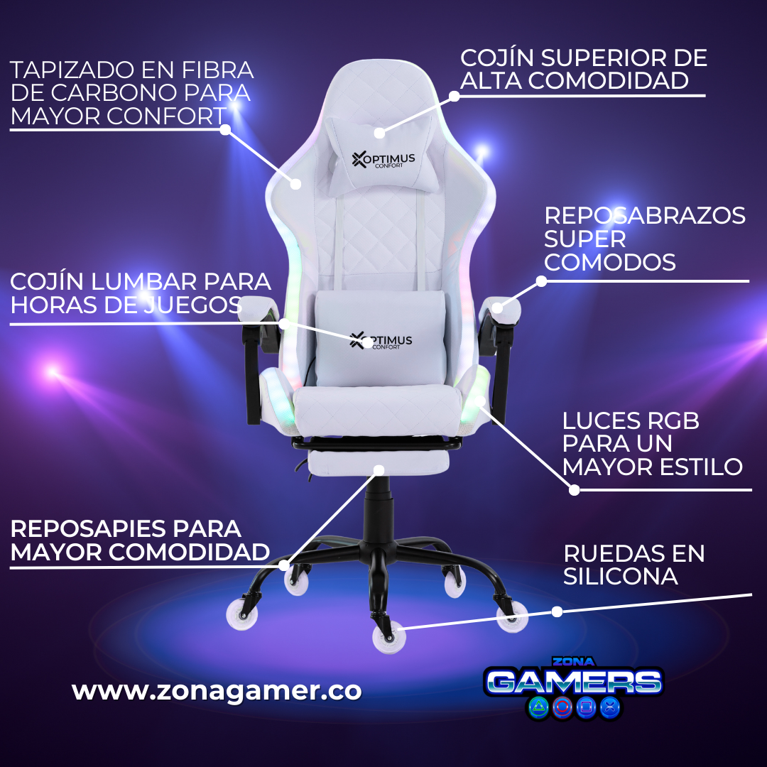 Silla gamer ARMOR-1039F White con luces RGB + reposapiés y ruedas en silicona