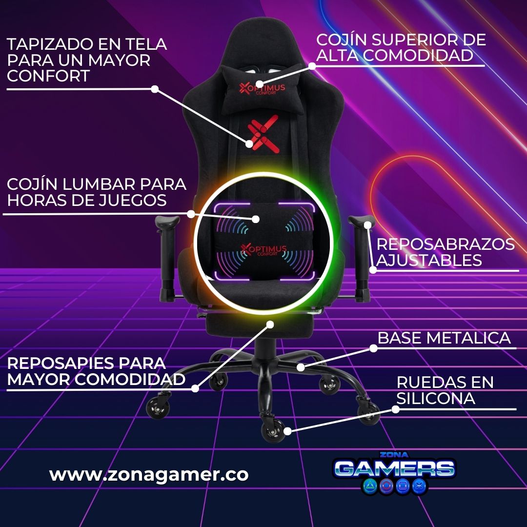 Silla Gamer Red + masajeador lumbar, tapizada en tela con reposapiés y ruedas en silicona