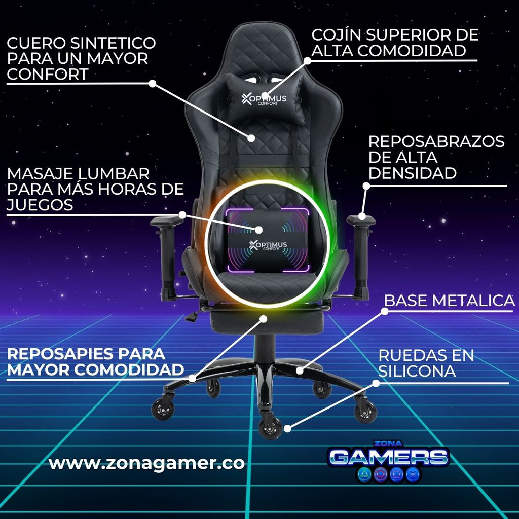 Silla Gamer ONE -1127F + masajeador lumbar con reposapiés incluido y ruedas en silicona